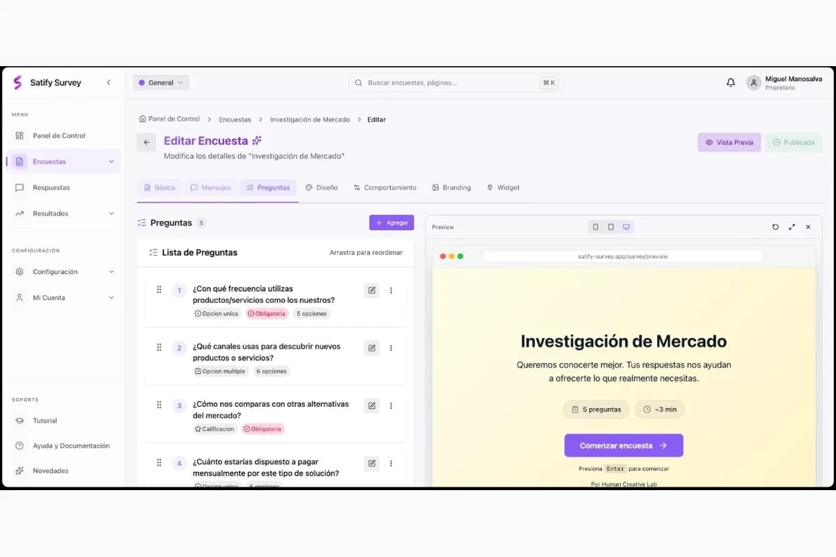 Editor de encuestas de Satify con la lista de preguntas y la vista previa al lado